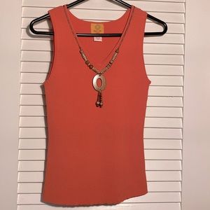 Ruby Rd. PL orange tank, V-neck, decorative beads.